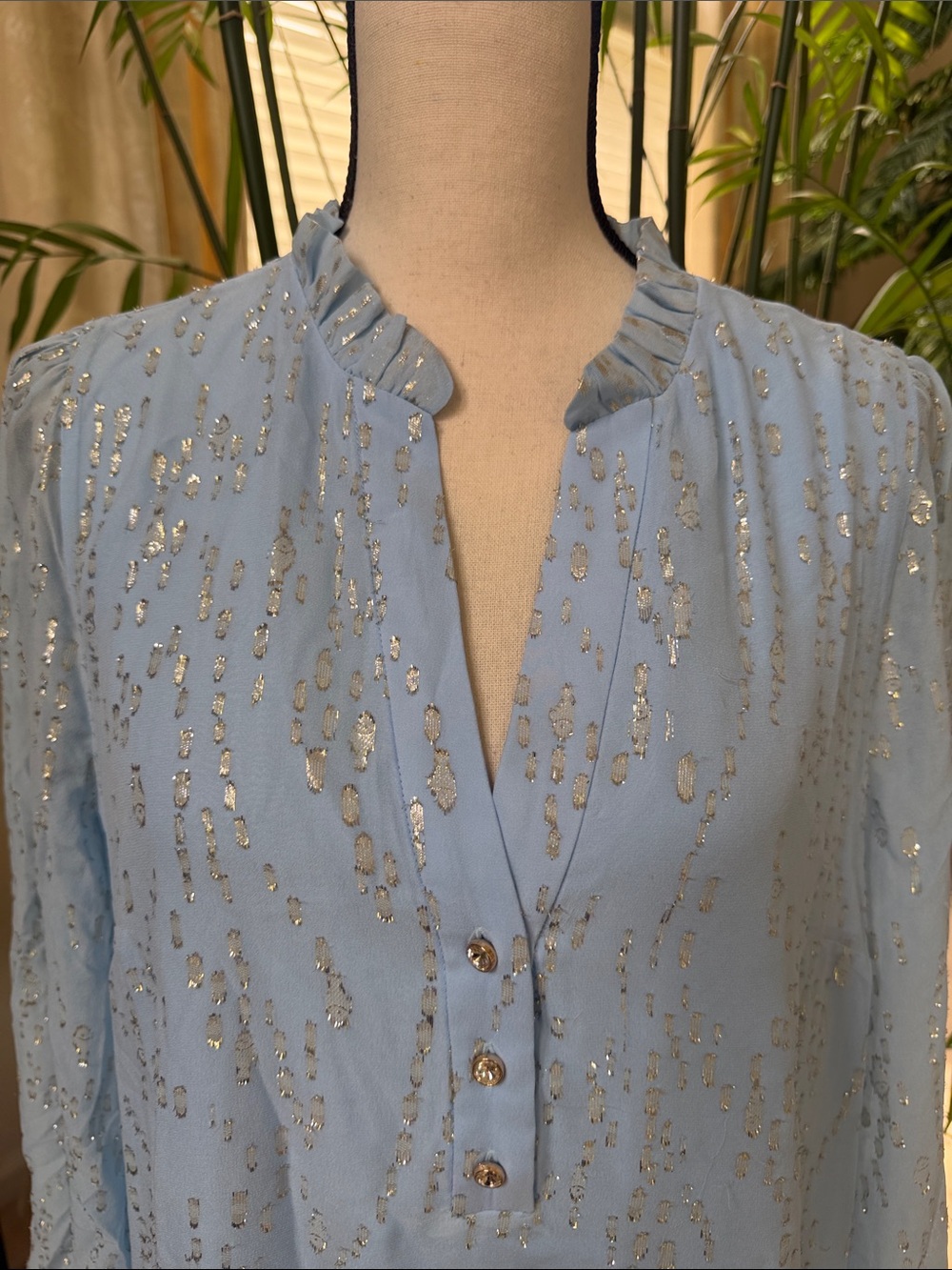 Lilly Pulitzer Pale Blue Metallic-Print Long Sleeve Ruffle Dress - Picture 2 of 10